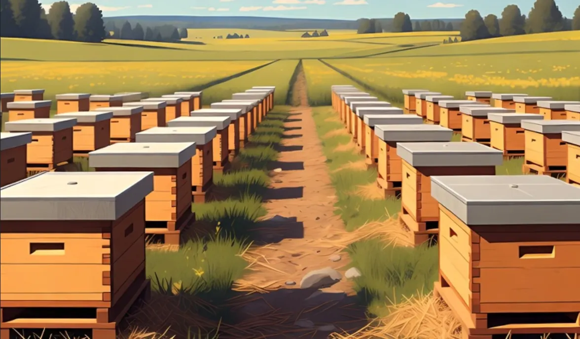 Commercial beekeeping operation with rows of hives