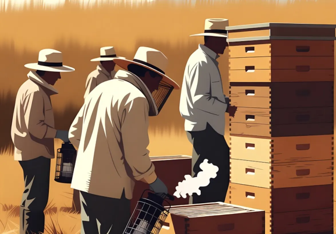Beekeepers working together at an apiary during a commercial hive inspection