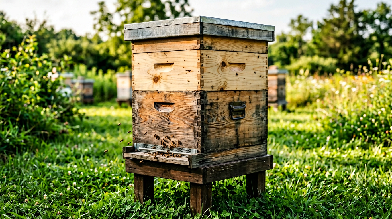 Wooden Langstroth beehive with components visible